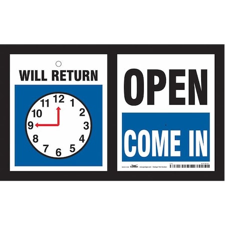 Condor Admittance Sign, Plastic, 5 in W, 6 in H, WILL RETURN/OPEN COME IN, Blue, White 487D41