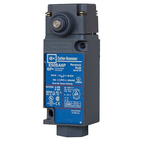 Eaton Heavy Duty Limit Switch, Plunger, 1NC/1NO, 10A at 600V AC, Actuator Location: Side E50AS16P