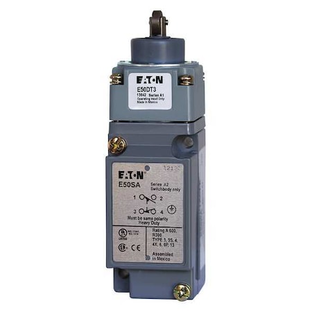 Eaton Heavy Duty Limit Switch, Plunger, Roller, 1NC/1NO, 10A at 600V AC, Actuator Location: Top E50AT3