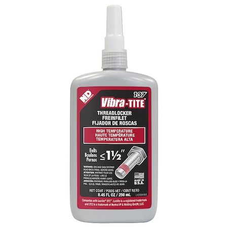 Vibra-Tite Threadlocker, VIBRA-TITE 137, Red, High Strength, Liquid, 250 mL Bottle 13725