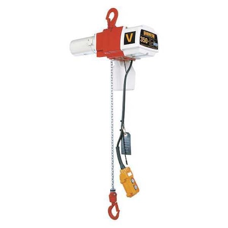 Harrington Electric Chain Hoist, 350 lb, 10 ft, Hook Mounted - No Trolley, 120V AC, White and Orange ED350V-10