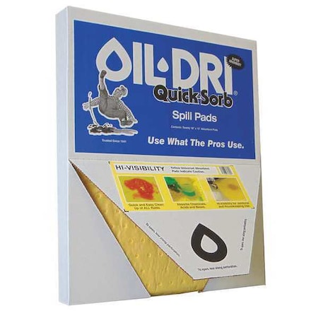 Oil-Dri Sorbent Pad, Universal, 2 gal Vol Absorbed per Pkg, 15 in x 19 in, Yellow, Polypropylene, 20 PK L72320