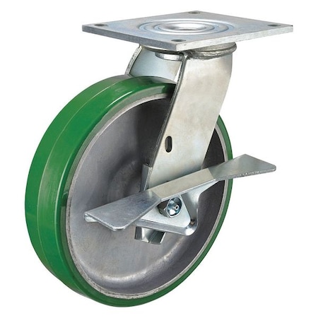 Zoro Select Swivel Plate Caster w/Brake, Polyurethane, 6in, 1230lb P21S-UA060R-14-CB-001