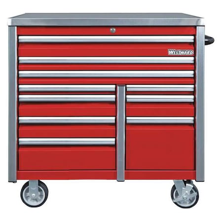 Westward WESTWARD Rolling Tool Cabinet, 10-Drawers, Matte Red, 42" W x 25.5" D x 49" H 49NR88