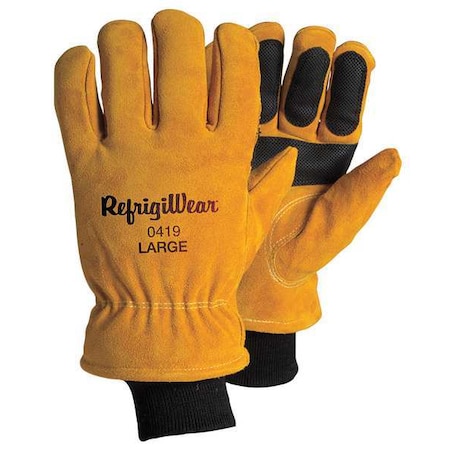 Refrigiwear Cold Protection Gloves, Split Cowhide Leather Palm, Knit Cuff, Gold, 1 PR 0419RGLDLAR