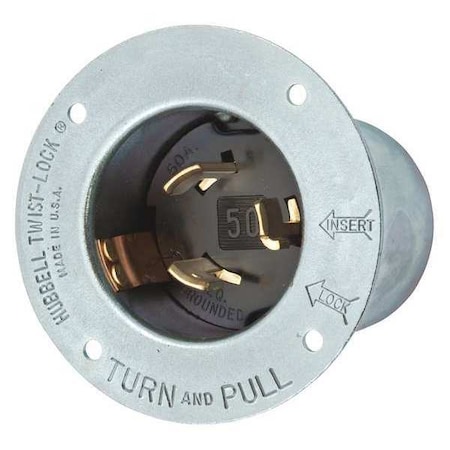 Hubbell Wiring Device-Kellems Flanged Locking Inlet, Non-NEMA, 50 A, 250/600V AC, Three Phase, 2 Pole, Flush Mount, Gray HBL3777
