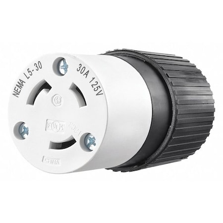 Bryant Locking Connector, L5-30R, 30 A, 125V AC, Single Phase, 2 Pole, Screw Terminals, Black, White 70530NC