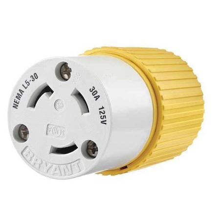 Bryant Locking Connector, L5-30R, 30 A, 125V AC, Single Phase, 2 Pole, Screw Terminals, White, Yellow 70530NCCR