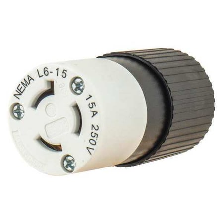 Bryant Locking Connector, L6-15R, 15 A, 250V AC, Single Phase, 2 Pole, Screw Terminals, Black, White 70615NC
