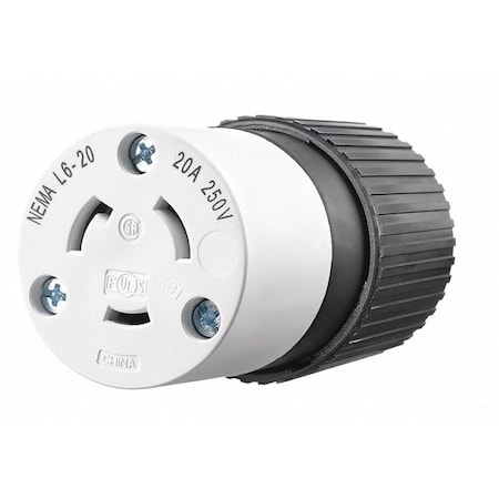 Bryant Locking Connector, L6-20R, 20 A, 250V AC, Single Phase, 2 Pole, Screw Terminals, Black, White 70620NC