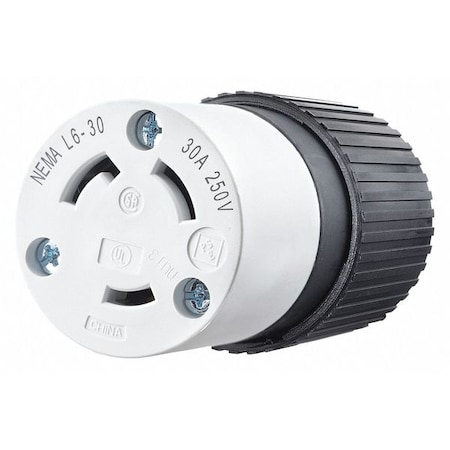 Bryant Locking Connector, L6-30R, 30 A, 250V AC, Single Phase, 2 Pole, Screw Terminals, Black, White 70630NC