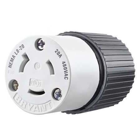 Bryant Locking Connector, L8-20R, 20 A, 480V AC, Single Phase, 2 Pole, Screw Terminals, Black, White 70820NC