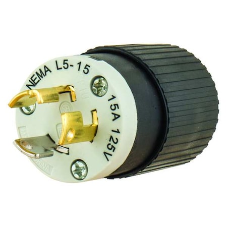 Bryant Locking Plug, L5-15P, 15 A, 125V AC, Single Phase, 2 Pole, Screw Terminals, Black, White 4721NP