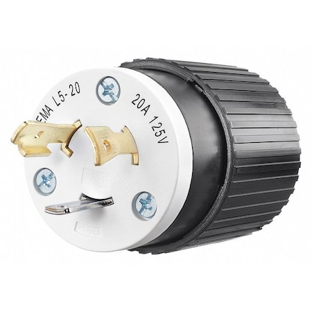 Bryant Locking Plug, L5-20P, 20 A, 125V AC, Single Phase, 2 Pole, Screw Terminals, Black, White 70520NP