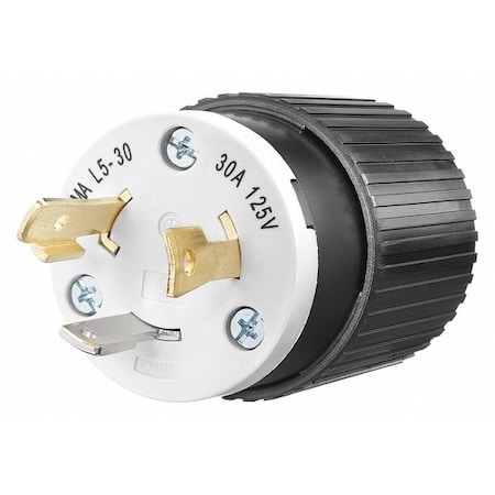 Bryant Locking Plug, L5-30P, 30 A, 125V AC, Single Phase, 2 Pole, Screw Terminals, Black, White 70530NP