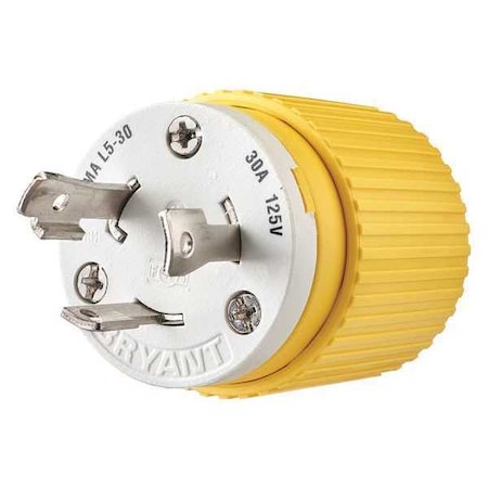 Bryant Locking Plug, L5-30P, 30 A, 125V AC, Single Phase, 2 Pole, Screw Terminals, White, Yellow 70530NPCR