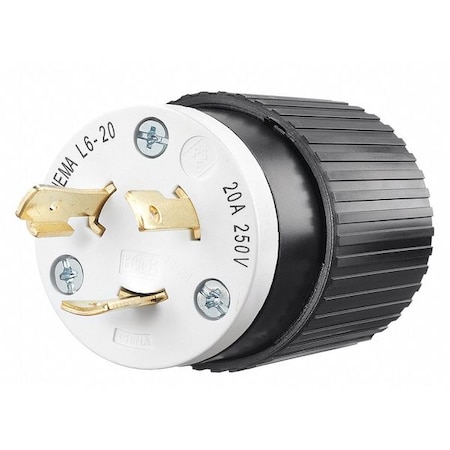 Bryant Locking Plug, L6-20P, 20 A, 250V AC, Single Phase, 2 Pole, Screw Terminals, Black, White 70620NP