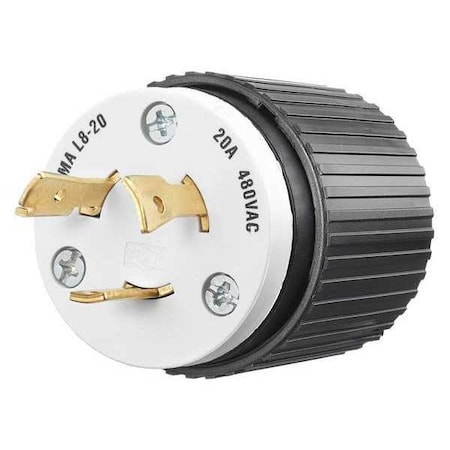 Bryant Locking Plug, L8-20P, 20 A, 480V AC, Single Phase, 2 Pole, Screw Terminals, Black, White 70820NP