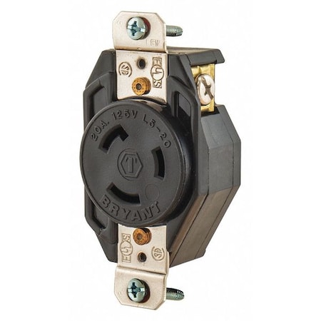 Bryant Locking Receptacle, L5-20R, 20 A, 125V AC, Single Phase, 2 Pole, Flush Mount, Screw Terminals 70520FR