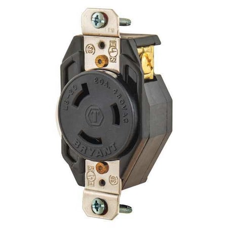 Bryant Locking Receptacle, L8-20R, 20 A, 480V AC, Single Phase, 2 Pole, Flush Mount, Screw Terminals 70820FR