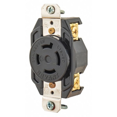 Bryant Locking Receptacle, L16-20R, 20 A, 480V AC, Three Phase, 3 Pole, Flush Mount, Screw Terminals 71620FR