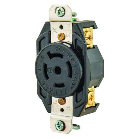 Bryant Locking Receptacle, L21-20R, 20 A, 120/208V AC, Three Phase, 4 Pole, Flush Mount, Screw Terminals 72120FR