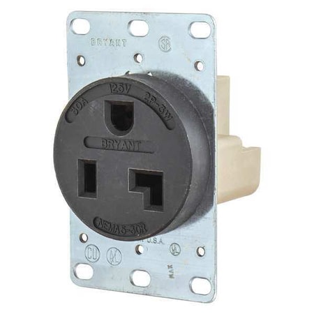 Bryant Straight Blade Receptacle, 5-30R, 30 A, 125V AC, 2 Pole, 3 Wire, Flush Mount, Grounded 9530FR