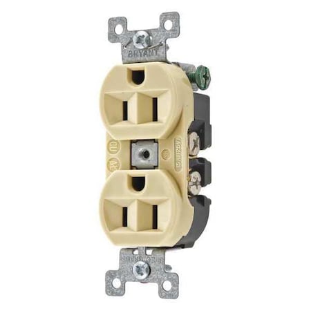 Bryant Straight Blade Receptacle, 5-15R, 15 A, 125V AC, 2 Pole, 3 Wire, Flush Mount, Grounded 5262BI