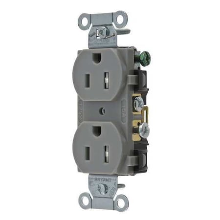 Bryant Straight Blade Receptacle, 5-15R, 15 A, 125V AC, 2 Pole, 3 Wire, Flush Mount, Grounded CBRS15GRYWRTR