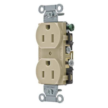 Bryant Straight Blade Receptacle, 5-15R, 15 A, 125V AC, 2 Pole, 3 Wire, Flush Mount, Grounded CBRS15I