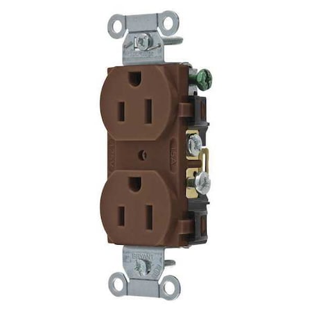 Bryant Straight Blade Receptacle, 5-15R, 15 A, 125V AC, 2 Pole, 3 Wire, Flush Mount, Grounded CRS15