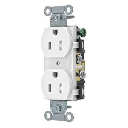 Bryant Straight Blade Receptacle, 5-15R, 15 A, 125V AC, 2 Pole, 3 Wire, Flush Mount, Grounded CRS15WTR