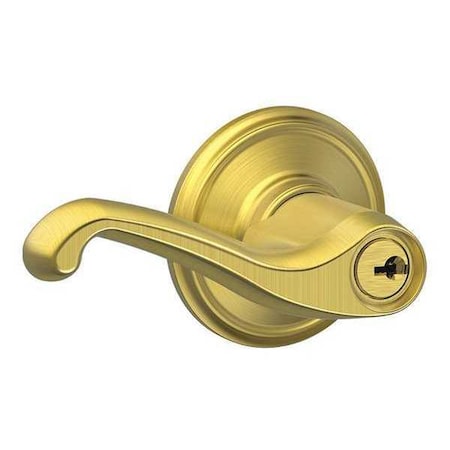 Schlage Satin Brass Entrance Lever Lockset, Flair F51A FLA 608