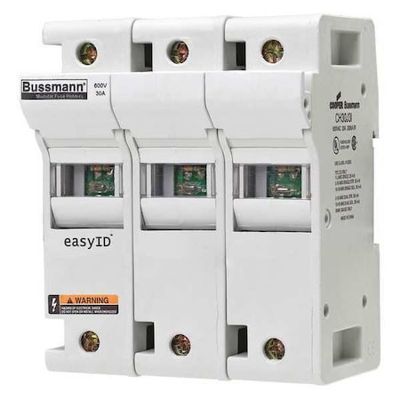 Eaton Bussmann Fuse Holder, 0 to 30A Amp Range, 600V AC/DC Volt Rating, 3 Poles, Box Lug CH30J3I