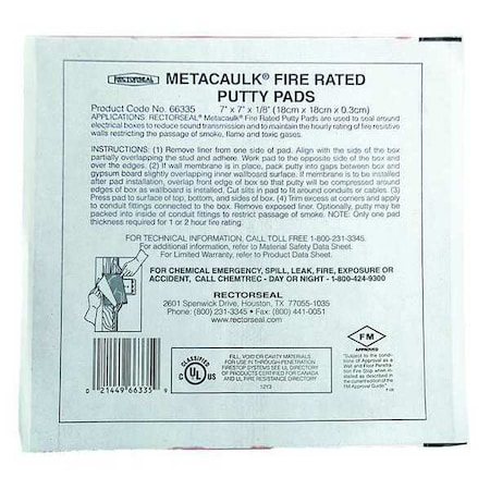 Metacaulk Fire Barrier Putty, Bag, 7"W x 7"L x 1/8"D 66335
