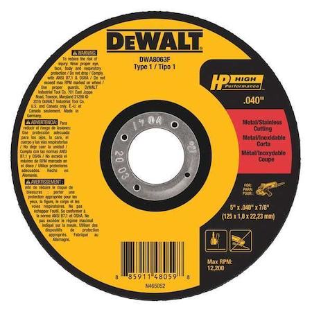 Dewalt Abrasive Cut-Off Wheel, Type 1, 5 in Dia, 0.04 in Thick, 7/8 in Arbor Hole Size, Aluminum Oxide DWA8063F