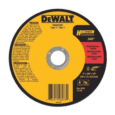 Dewalt Abrasive Cut-Off Wheel, Type 1, 6 in Dia, 0.04 in Thick, 7/8 in Arbor Hole Size, Aluminum Oxide DWA8726F