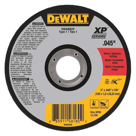 Dewalt Abrasive Cut-Off Wheel, Type 1, 5 in Dia, 0.045 in Thick, 7/8 in Arbor Hole Size, Ceramic, 46 Grit DWA8952F