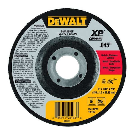Dewalt Depressed Center Cut-Off Wheel, Type 27, 6 in Dia, 0.045 in Thick, 7/8 in Arbor Hole Size, Ceramic DWA8959F