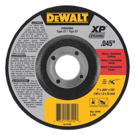 DEWALT 7" x 1/16" x 7/8" Type 27 Metal / Stainless Cutting Wheel DWA8960L