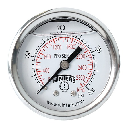 Winters Industrial Pressure Gauge, 0 to 400 psi, 2 in Dial, 1/4 in NPT, Center Back Location PFQ2288