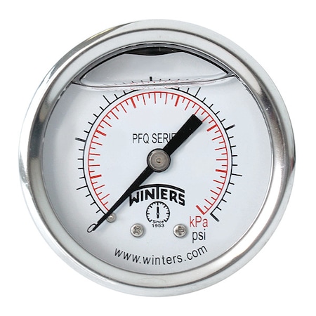 Winters Industrial Pressure Gauge, 0 to 1,000 psi, 2 in Dial, 1/4 in NPT, Center Back Location PFQ2201