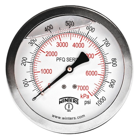 Winters Industrial Pressure Gauge, 0 to 1,000 psi, 4 in Dial, 1/4 in NPT, Center Back Location PFQ1552