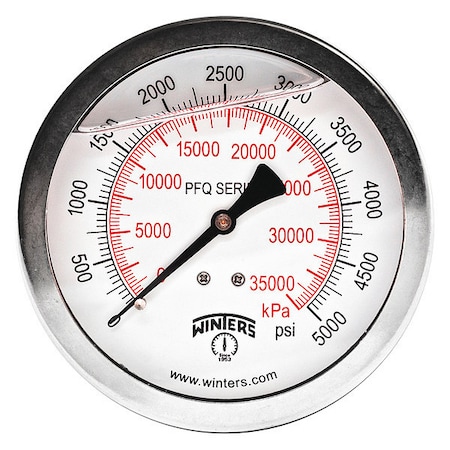 Winters Industrial Pressure Gauge, 0 to 5,000 psi, 4 in Dial, 1/4 in NPT, Center Back Location PFQ1556