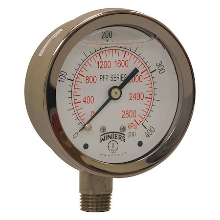 Winters Industrial Pressure Gauge, 0 to 400 psi, 2 1/2 in Dial, 1/4 in NPT, Bottom Location 491D90