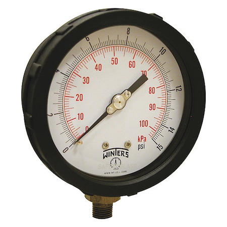 Winters Industrial Pressure Gauge, 0 to 15 psi, 4 in Dial, 1/4 in NPT, Bottom Location, PBT Case Material PCC601C-2Y