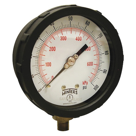 Winters Industrial Pressure Gauge, 0 to 100 psi, 4 in Dial, 1/4 in NPT, Bottom Location, PBT Case Material PCC604C