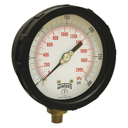Winters Industrial Pressure Gauge, 0 to 300 psi, 4 in Dial, 1/4 in NPT, Bottom Location, PBT Case Material PCC607C