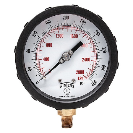 Winters Industrial Pressure Gauge, 0 to 400 psi, 4 in Dial, 1/4 in NPT, Bottom Location, PBT Case Material PCC610C-1Y