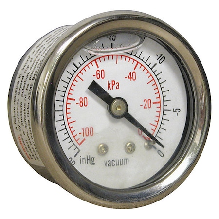 Winters Industrial Vacuum Gauge, 30 to 0 psi, 1 1/2 in Dial, 1/8 in NPT, Center Back Location PFQ1220